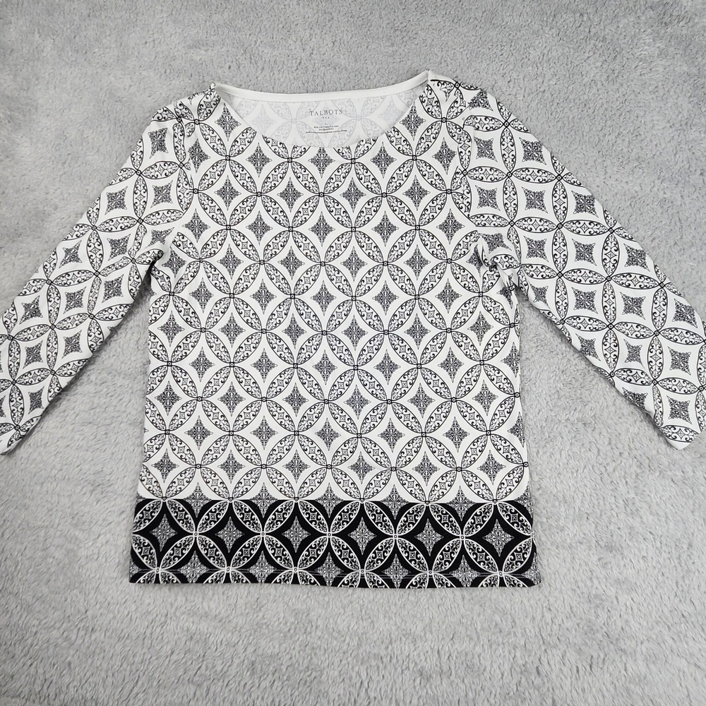 Talbots Top Women L White Black Geometric Print Boat Neck 3/4 Sleeve Stretch Boh - Picture 4 of 9
